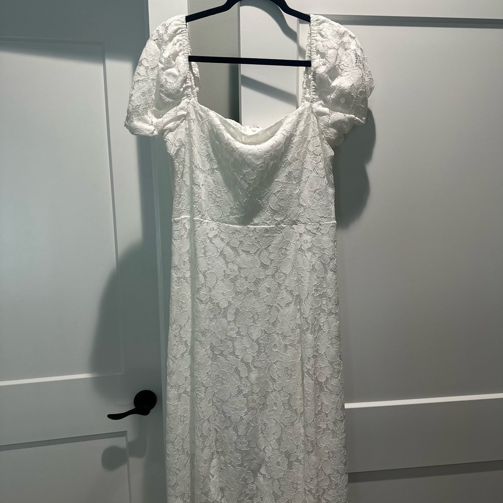 White Lace Puff Sleeve Midi Dress